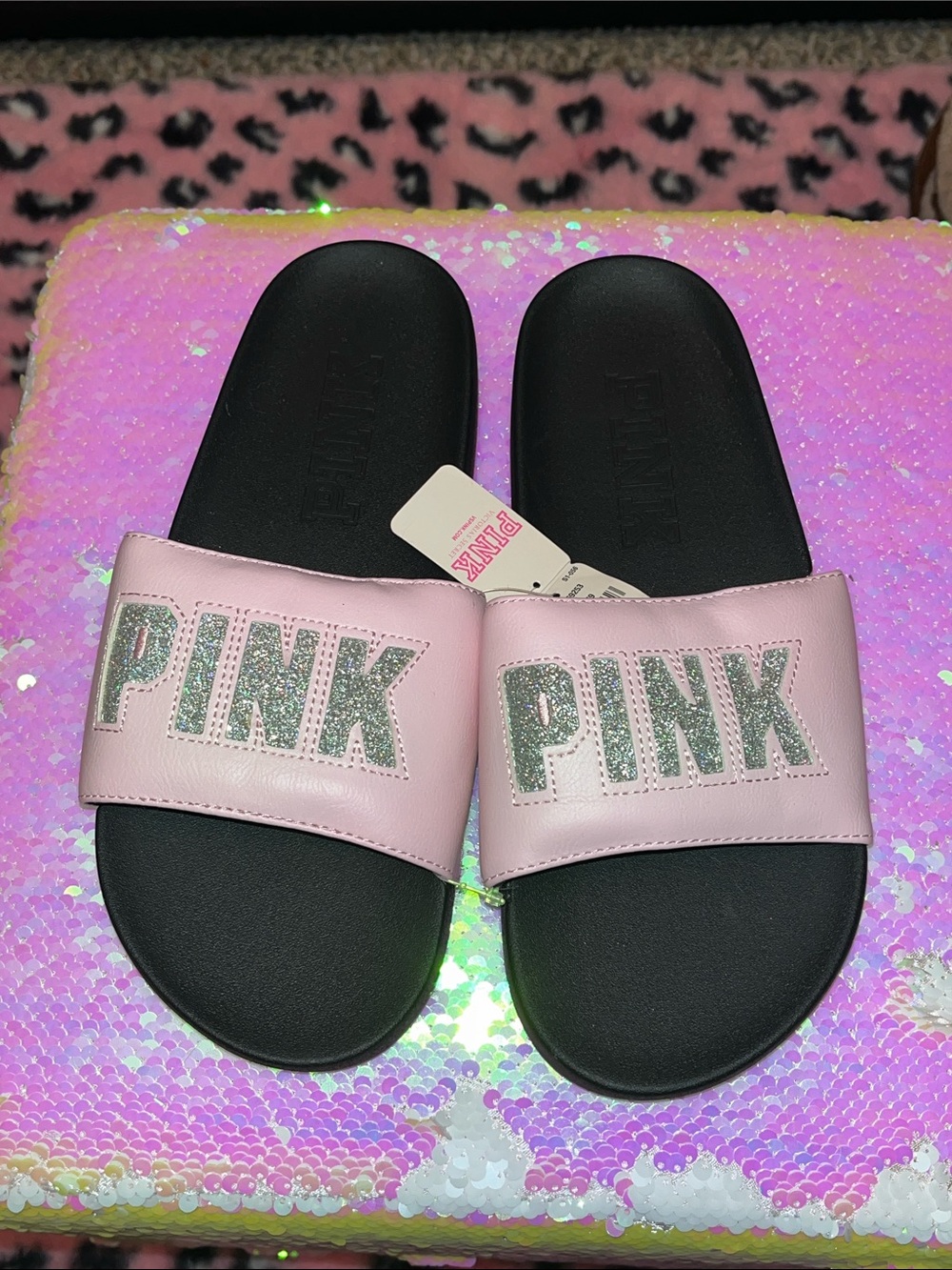NWT PINK Victoria's Secret Pink Glitter Logo Slide Sandals